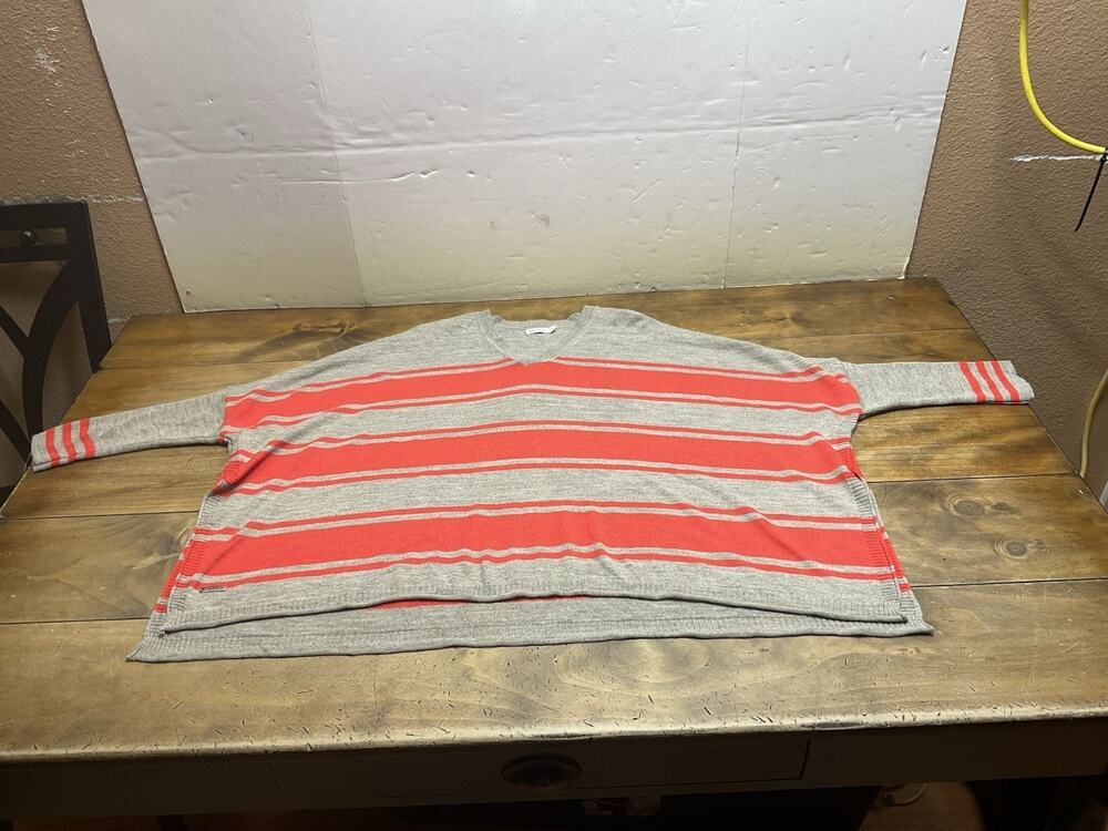 Mersea Catalina V Neck Sweater Gray Orange Striped Womens One Size Quiet Luxury